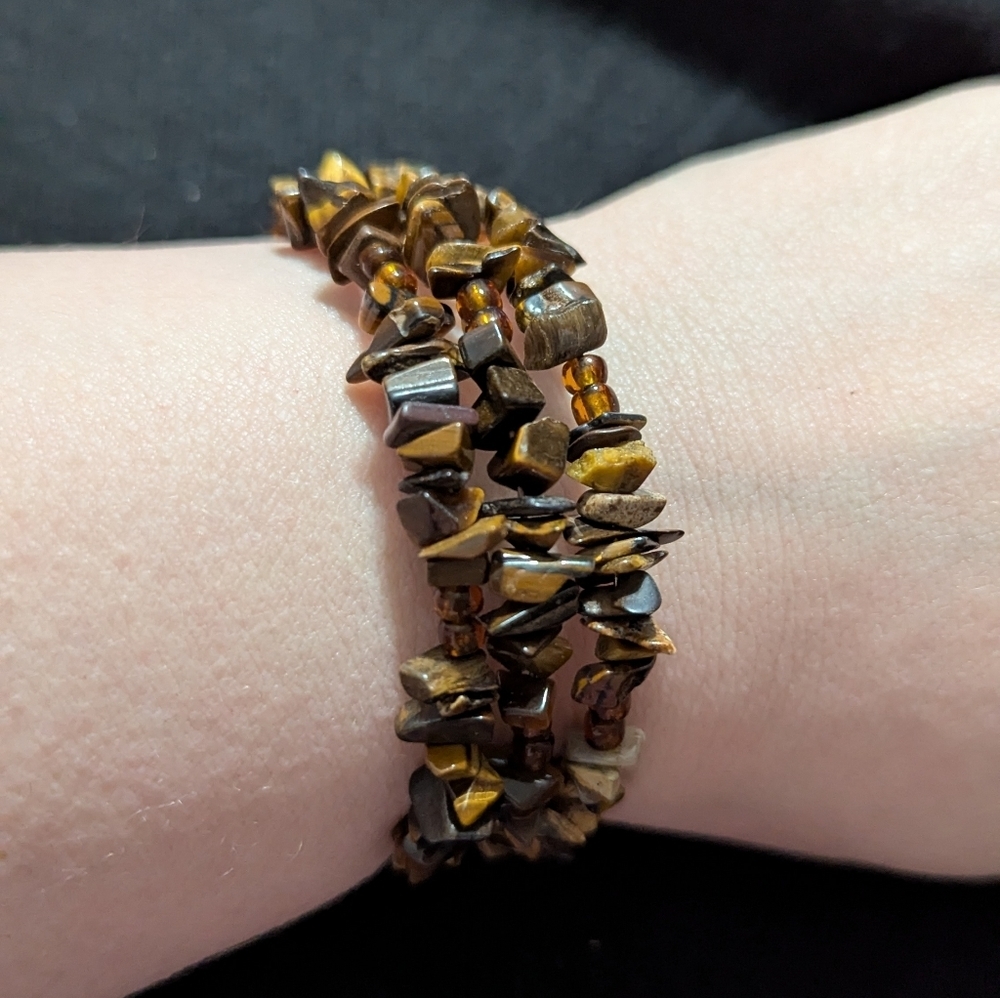 Brown Tiger's Eye Gemstone And Beaded Memory Wire Statement Bangle Bracelet